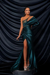 Glamorous Long Dark Green One Shoulder Beading Lace Long Sleeve Prom Evening Dresses with Slit